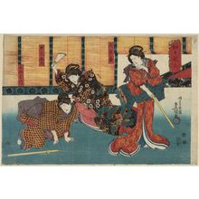 Utagawa Kunisada: Actors Matsumoto Kinshô I as Tsubone Iwafuji, Onoe Baikô IV as Chûrô Onoe, and Sawamura Sôjûrô V as Meshitsukai Hatsu, in Mirror Mountain (Kagamiya) - Museum of Fine Arts