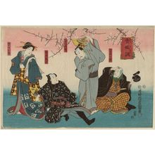 Utagawa Kunisada: Actors Seki Sanjûrô III as Isha Hôfunei, Nakamura Utaemon IV as Bokusha Sangokuken, Ichimura Uzaemon XII as Tobi no Mono Kamekichi, Bandô Shûka I as Geisha Ohide - Museum of Fine Arts