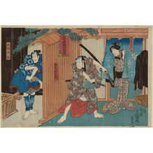 Utagawa Kunisada: Actors Onoe Baikô IV as Masaemon Nyôbô Otani, Sawamura Sôjûrô V as Karaki Masaemon, Matsumoto Kinshô I as Ishidome Busuke - Museum of Fine Arts