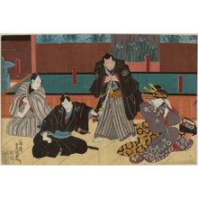 Utagawa Kunisada: Actors Iwai Kumesaburô III as Manjiya Yatsuhashi, Bandô Hikosabûrô IV as Funahashi Jirozaemon, Ichikawa Ebizô V as Sano Jirozaemon, Onoe Shôroku 1.5 as Manjiya Tôkichi - Museum of Fine Arts