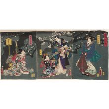 Utagawa Kunisada: Enjoying Plum Blossoms in the Spring Mist (Harugasumi ume no yûran): Mitsuuji with Ladies Katsuragi (R), Koiwai (C), and Sodenokô (L) - Museum of Fine Arts
