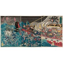 Utagawa Yoshitora: In 1188, Minamoto Yoshitsune Encounters a Typhoon at Daimotsu Bay in Settsu Province (Bunji yonen Minamoto Yoshitsune Sesshû Daimotsu no ura nanpû no zu) - Museum of Fine Arts