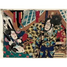 Utagawa Yoshitora: Actors Kawarazaki Sanshô as Masakiyo (R), Ichikawa ... as Kimura Matazô, and Onoe Kikuzô (L) - Museum of Fine Arts