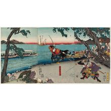 Utagawa Yoshitora: At Ganryûjima in Kyûshû, Miyamoto Musashi Fights Sasaki Ganryû (Kyûshû Ganryûjima ni oite Miyamoto Musashi Sasaki Ganryû shiai zu) - Museum of Fine Arts