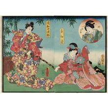 歌川国貞: Actors Onoe Kikugorô IV as Mother (Haha) Misao (inset), Nakamura Kamenojô I as Wife (Tsuma) Hatsugiku (R), and Kawarazaki Gonjûrô I as Takechi Jûjirô (L) - ボストン美術館