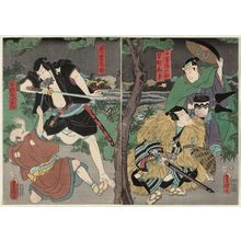 歌川国貞: Actors Nakamura Fukusuke I as Senzaki Yagorô and Seki Sanjûrô III (in a triple role) as Hayano Kanpei (R), Ono Sadakurô, and Farmer (Hyakushô) Yoichibei (L) - ボストン美術館