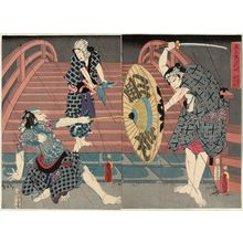 Japanese Print "Actors Ichikawa Danjûrô VIII (R), Bandô Shûka I, and Matsumoto Kinshô I (L), in Yosaburô Ichidaiki" by Utagawa Kunisada, 歌川国貞 (Utagawa Kunisada I (Toyokuni III))