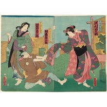 Utagawa Kunisada: Actors Sawaura Tanosuke III as Chatsumi musume Otano (R) and Bandô Hikosaburô V as Ujiyamano Ansaku, Iwai Kumesaburô III as Ujinosato Osen (L) - Museum of Fine Arts