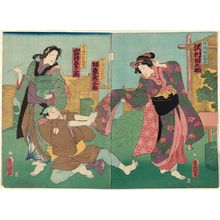 Japanese Print "Actors Sawaura Tanosuke III as Chatsumi musume Otano (R) and Bandô Hikosaburô V as Ujiyamano Ansaku, Iwai Kumesaburô III as Ujinosato Osen (L)" by Utagawa Kunisada, 歌川国貞 (Utagawa Kunisada I (Toyokuni III))