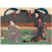 Utagawa Kunisada: Actors Iwai Kumesaburô III as Geisha Miyokichi (R) and Kawarazaki Gonjûrô I as Hozumi Shinzaburô (L) - Museum of Fine Arts