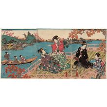 歌川国貞: Ladies on a Riverside Terrace in Autumn - ボストン美術館