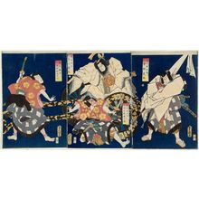 Utagawa Kunisada: Actors Nakamura Shikan IV as Toneri Matsuômaru (R), Kawarazaki Gonjûrô I as Toneri Umeômaru and Ichikawa Danzô VI as Fujiwara Shihei (C), Ichikawa Uzaemon XIII as Toneri Sakuramaru (L) - Museum of Fine Arts