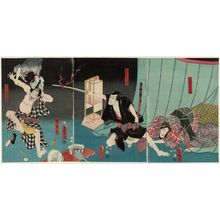 歌川国貞: Actors Bandô Shûka I as Koheiji's Wife (Nyôbô) Otsuka (R), Bandô Hikosaburô IV as Adachi Sakurô (C), Asao Okuyama III as Gensaibô and Ichikawa Kodanji IV as the Ghost (Bôrei) of Koheiji (L) - ボストン美術館
