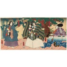 歌川国貞: Actors Ichikawa Danjûrô VIII as Togashi Saemon (R), Ichikawa Ebizô V as Musashibô Benkei (C), and Ichikawa Saruzô I as Minamoto no Yoshitsune (L) - ボストン美術館