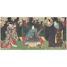歌川国貞: Actors Ichikawa Kodanji IV as Kiyomizu Seigen and Ichikawa Yonejûrô II as the Servant (Yakko) Yodohei (R), Kawarazaki Gonjûrô I as Tonoinosuke (C), and Onoe Kikugorô IV as Sakura-hime (L) - ボストン美術館