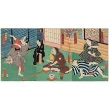 Utagawa Kunisada: Actors Bandô Hikosaburô IV as Yajirobei and Sawamura Tosshô II as Kitahachi (L); Asao Yohachi II as Nebuichi, with the Playwright Matsushima Tsuruji (C); and Sawamura Tanosuke III as Otano (L) - Museum of Fine Arts