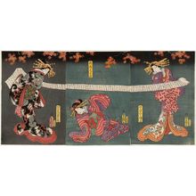 Utagawa Kunisada: Actors Nakamura Shikan IV as the Courtesan (Keisei) Kaoru (L), Bandô Mitsugorô VI as the Shinzô Mitsuhama (C), and Sawamura Tanosuke III as the Courtesan (Keisei) Kikunoi (L) - Museum of Fine Arts