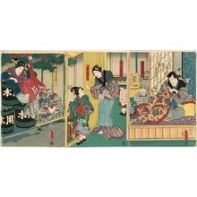 Utagawa Kunisada: Actors Kataoka Gadô II as Ikoma Kôjirô (R), Ichikawa Dannosuke V as Jinpachi's Wife (Nyôbô) Okiku and Sawamura Yujirô I as the Kamuro Namie (C), and Iwai Kumesaburô III as Matsubaya Segawa (L) - Museum of Fine Arts
