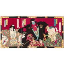 Toyohara Kunichika: Actors Nakamura Ejaku (R), Nakamura Shikan as Watônai (C), and Bandô Hikosaburô (L) - Museum of Fine Arts