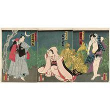 Toyohara Kunichika: Actors Bando Hikosaburô as Mamushi no Jiheiji (R), Iwai Shijaku, formerly Kumesaburô (C), and Kawarazaki Gonjûrô (L) - Museum of Fine Arts