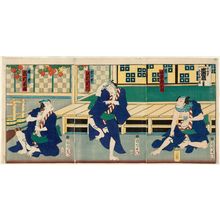 豊原国周: Actors Bandô Hikosaburô, Sawamura Tosshô, and Ichimura Kakitsu (R to L) - ボストン美術館