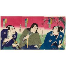 Toyohara Kunichika: Actors Sawamura Tosshô as Kanai Tanigorô (R), Nakamura Shikan as Uji ? (C), and Ichikawa Sadanji (L) - Museum of Fine Arts