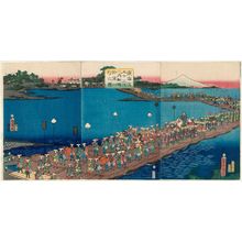 豊原国周: Procession Crossing over a Pontoon Bridge on the Fifty-three Stations of the Tôkaidô Road (Tôkaidô gojûsan tsugi no uchi funabashi kakewatari gyôretsu no zu) - ボストン美術館