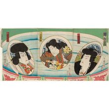 豊原国周: A Set of Three Sake Cups (Mitsugumi sakazuki no uchi): Actors Ichimura Kakitsu (R), Sawamura Tanosuke (C), and Kawarazaki Gonjûrô (L) - ボストン美術館
