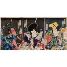 Toyohara Kunichika: Actors Ichikawa Kuzô as Hachimantarô Yoshiie (R), Ôtani Tomoemon as Abe no Sadato (C), and Nakamura Shikan as Abe no Muneto (L) - Museum of Fine Arts