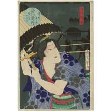 Toyohara Kunichika: Night Rain at Naka-no-chô (Naka-no-chô yau): Actor Ôtani Shidô, from the series Eight Views of Edo (Edo hakkei no uchi) - Museum of Fine Arts