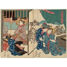 Utagawa Kunisada: Scene of the Temporary Quarters of the New Yoshiwara (Shin Yoshiwara karitaku kôkei), right sheet; Summer, from Amusements of the Four Seasons (Shiki asobi no uchi, natsu), left sheet - Museum of Fine Arts