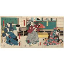 Utagawa Kunisada: Actors Nakamura Daikichi III as Koshimoto Fusano (R), Arashi Rikan III as Masaki Shôzaburô (C), Kataoka Gadô II as Kiura Shingo and Asao Okuyama III as Shimobe Naosuke (L) - Museum of Fine Arts