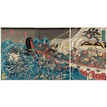 Utagawa Yoshitora: In 1188, Minamoto Yoshitsune Encounters a Typhoon in Daimotsu Bay in Settsu Province (Bunji yonen Minamoto Yoshitsune Sesshû Daimotsu no ura nanpû no zu) - Museum of Fine Arts