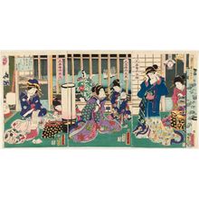 Ochiai Yoshiiku: A Modern Spring View (Tôsei haru no nagame): Courtesans Takihashi (R), Takiaya (C), and Takigawa (L) of the Hisakichi-rô - Museum of Fine Arts