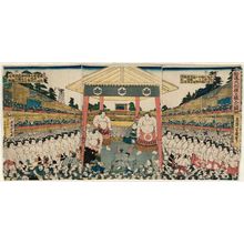 Ochiai Yoshiiku: Procession of Sumô Wrestlers for Fund-raising Tournament (Kanjin ôzumô dohyô iri no zu) - Museum of Fine Arts