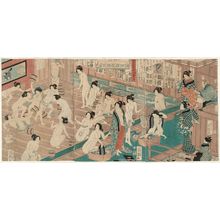 Ochiai Yoshiiku: Comparison of Slender Hips Like WIllows in Snow at the Yanagiya Bathhouse (Kurabe koshi yuki no Yanagiya), from the series Annual Customs of the Present Day (Imayô nenjû gyôji no uchi) - Museum of Fine Arts