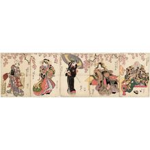 Utagawa Kunisada: Actors, from right: Matsumoto Kôshirô as Hige no Ikyû, Segawa Kikunojô as Miuraya Agemaki, Ichikawa Danjûrô as Agemaki's Sukeroku, Azuma Tozô as Shiratama, and Iwai Hanshirô as a Vendor of White Sake (Shirazake-uri) - Museum of Fine Arts