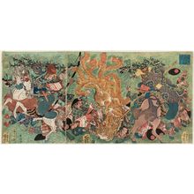 歌川国芳: The Defeat of the Evil Nine-tailed Fox on Nasu Moor in Shimotsuke Province (Shimotsuke no kuni Nasu no hara kyûbi no akko no taiji no zu) - ボストン美術館