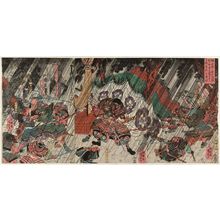Utagawa Kuniyoshi: (Kusunoki Masashige no shin Tsujikaze Itamochi o ryô-yûshi Fujiidera no kassen ni Kazu-uji o ikedoru zu) - Museum of Fine Arts