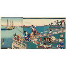 日本版画 "Panoramic View of the Seaside from the Inn at Eguchi (Eguchi ryokan umibe chôbô zu)" 由 Utagawa Kunisada, 歌川国貞 (Utagawa Kunisada I (Toyokuni III)) 创作