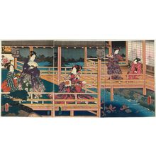 Utagawa Kunisada, 歌川国貞 (Utagawa Kunisada I (Toyokuni III))による浮世絵「Night Scene on a Balcony Overlooking a Pond with Carp」