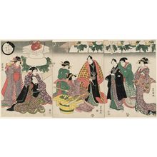 Utagawa Toyokuni I: Seven New Year Herbs for the Bride with a Sense of Rhythm, a Triptych (Hyôshikiki yome no nanakusa, sanmai tsuzuki), from a Set of Twelve (Jûni kumi no uchi) - Museum of Fine Arts