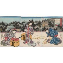 Utagawa Kunisada: Group of Pilgrims Going to the Mitsumine Shrine for a Special Viewing (Mitsuminesan gokaichô sankei gunshû no zu) - Museum of Fine Arts