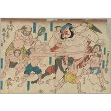 Utagawa Kuniyoshi: Asahina Saburô Yoshihide in a Wrestling Match with Strange People from Various Countries (Asahina Saburô Yoshihide bankoku sumô no zu) - Museum of Fine Arts