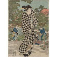 歌川国芳: Woman in Checked Robe Returning from the Bath - ボストン美術館