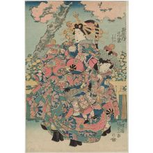 歌川国貞: Hanamurasaki of the Tamaya, kamuro Hanano and Kaori - ボストン美術館