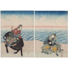 Shunbaisai Hokuei: Actors Arashi Rikan as Chinzai Hachirô Tametomo (R) and Iwai Shijaku as Neiwannyo of the Ryûkyû Kingdom (Ryûkyûkoku no Neiwannyo) - Museum of Fine Arts
