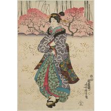 歌川芳虎: Woman Walking past Cherry Blossoms and Ship Masts - ボストン美術館