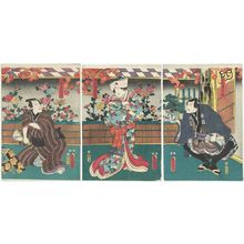 Utagawa Kunisada: Actors Ichikawa Ebizô V as Onodera Jûnai (R), Arashi Rikan III as Moronao's Attendant Lady Ran (Moronao meshitsukai Ran no kata) (C), and Ichikawa Danjûrô VIII as Satô Yomoshichi (L) - Museum of Fine Arts