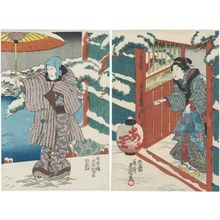 歌川国貞: Actor Ichikawa Danjûrô VIII (L) and Woman with Lantern in Snow - ボストン美術館
